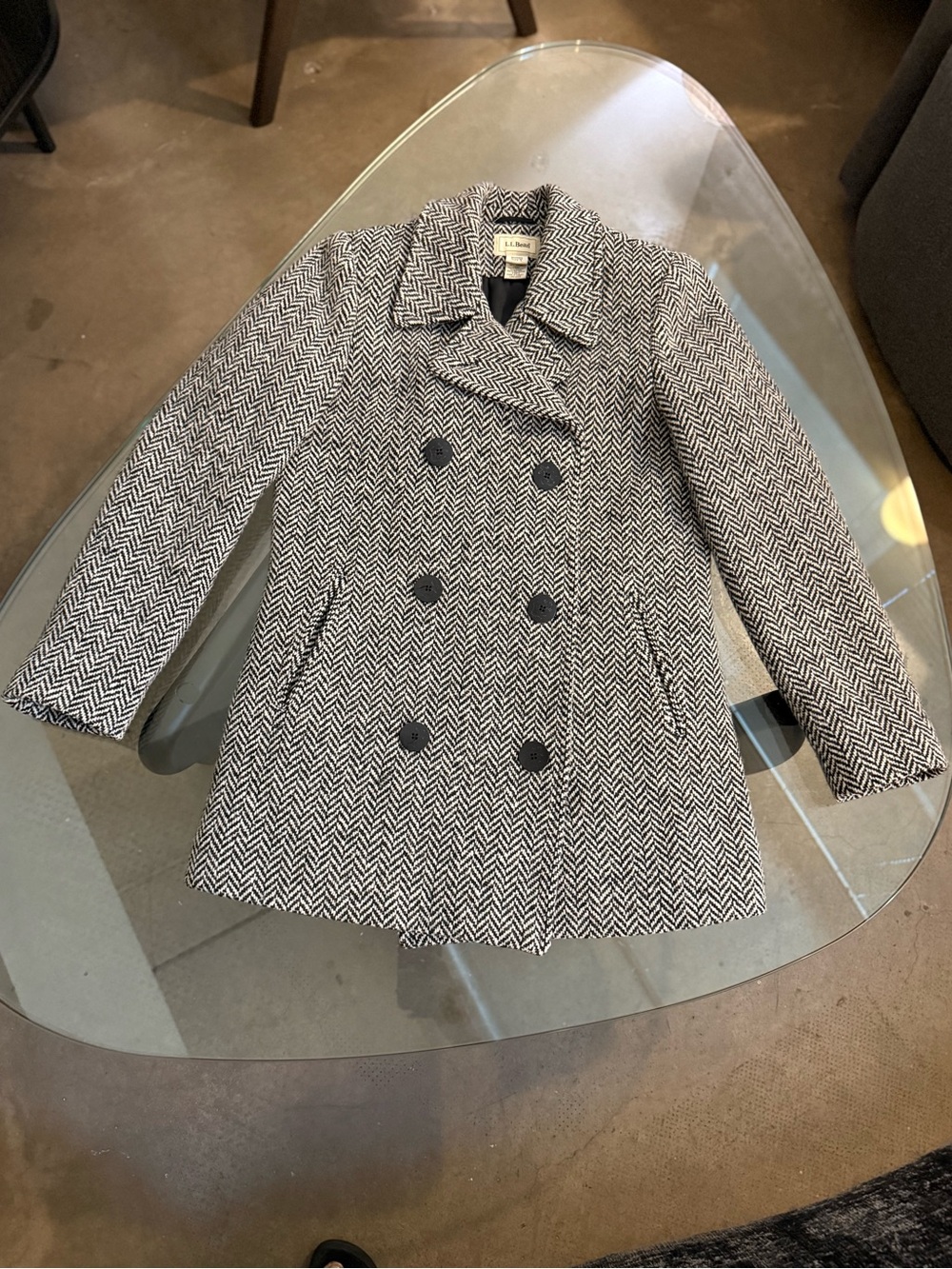 L.L. Bean Black & White Herringbone Peacoat